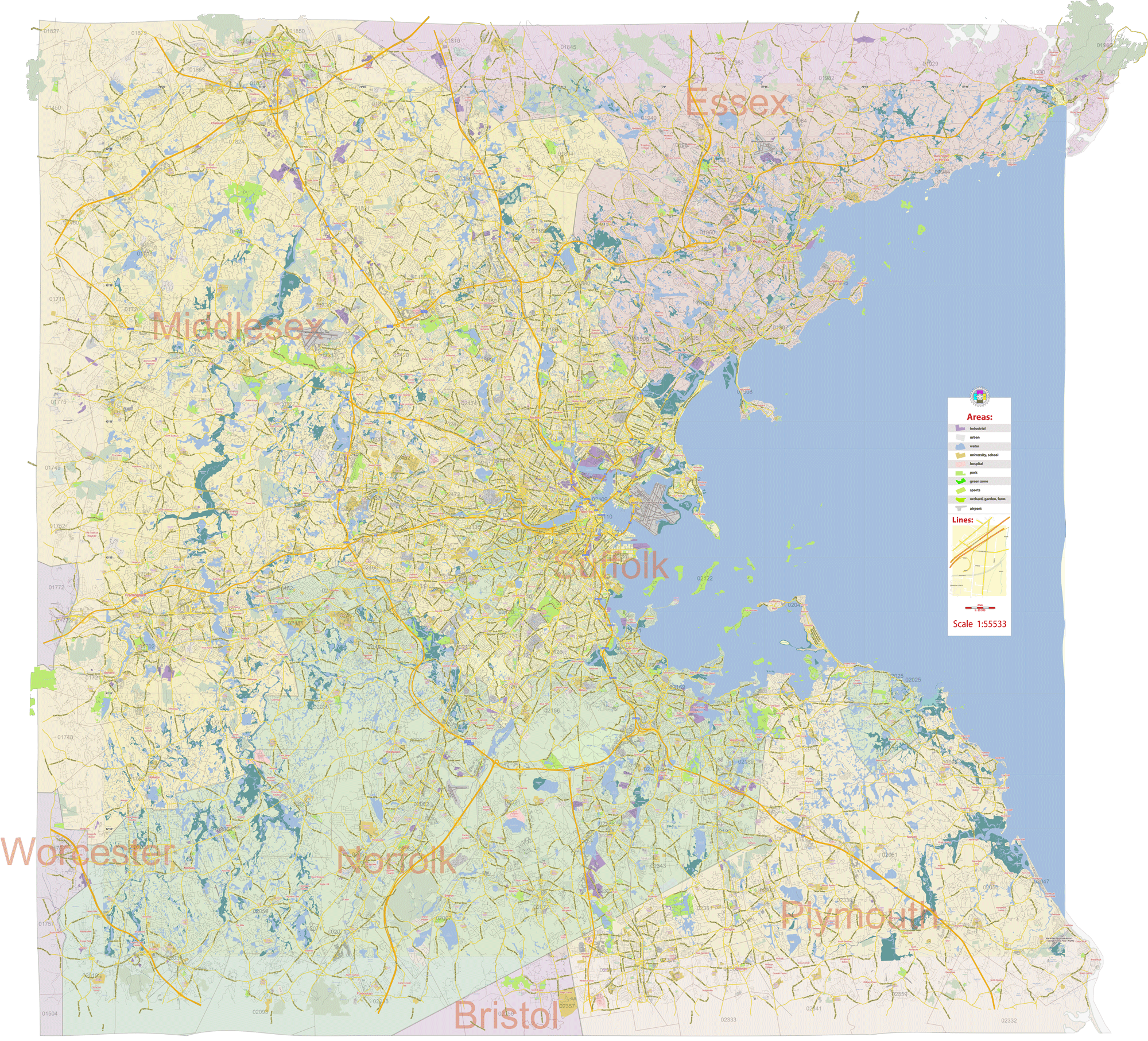 Boston Massachusetts + zipcodes US printable editable layered PDF