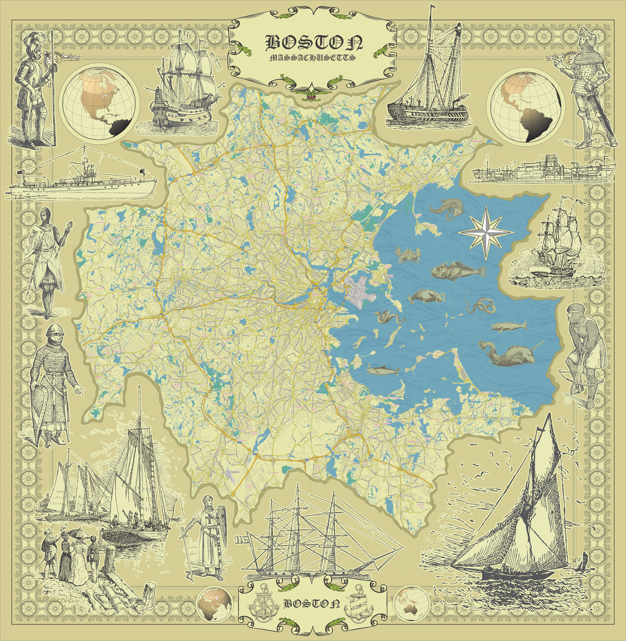 Boston Massachusetts retro US printable editable layered PDF Vector Map ...