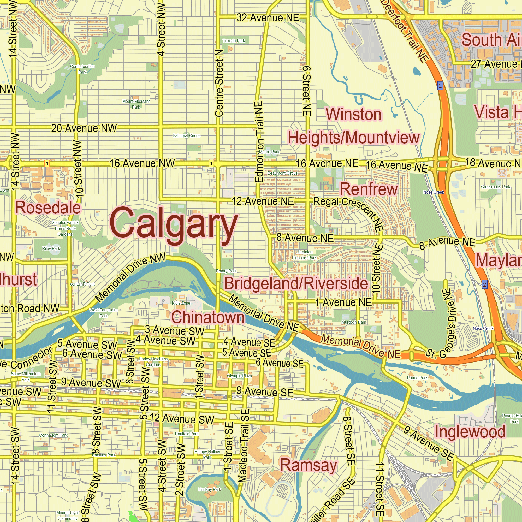 Calgary Alberta Canada printable editable layered PDF Vector Map