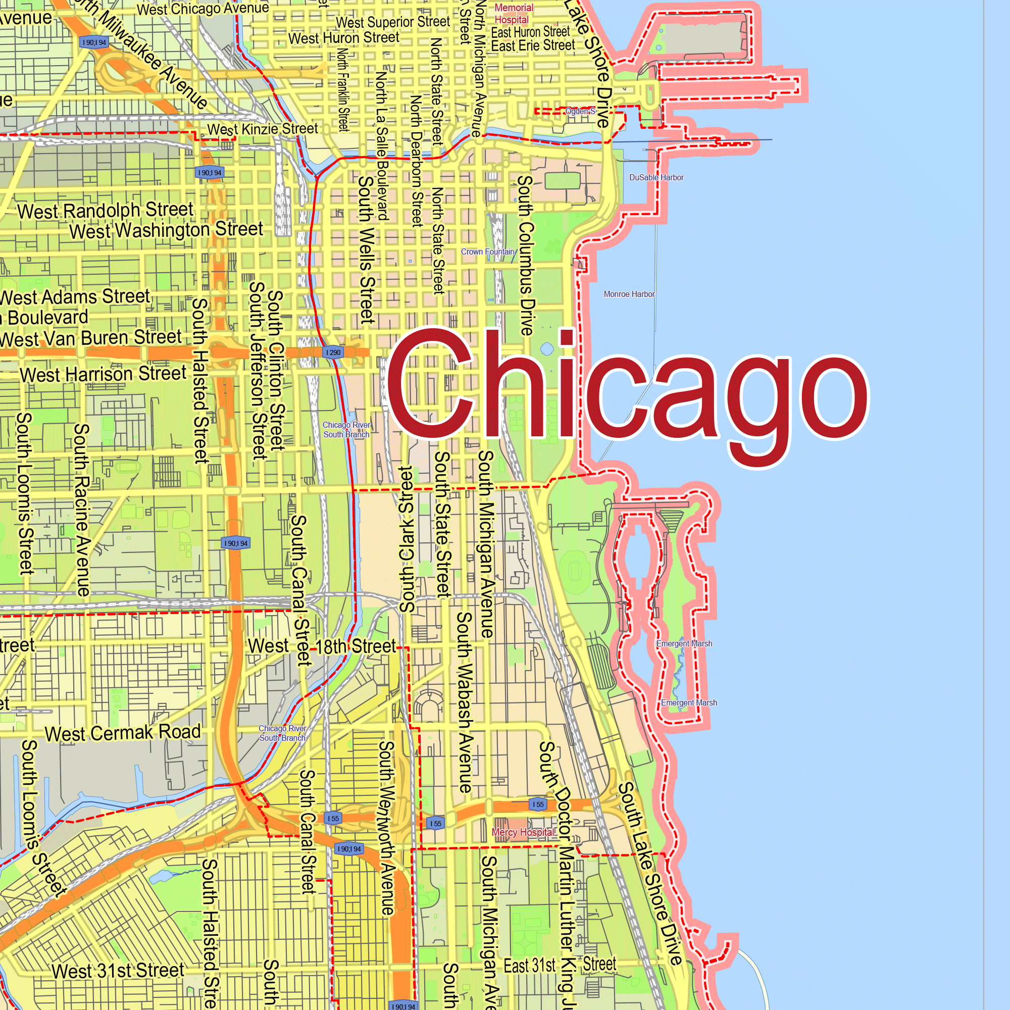 Chicago Illinois US Printable Editable Layered PDF Vector Map Chicago Map Vector Il Us Gvl13 Ai 10 Pdf 1 