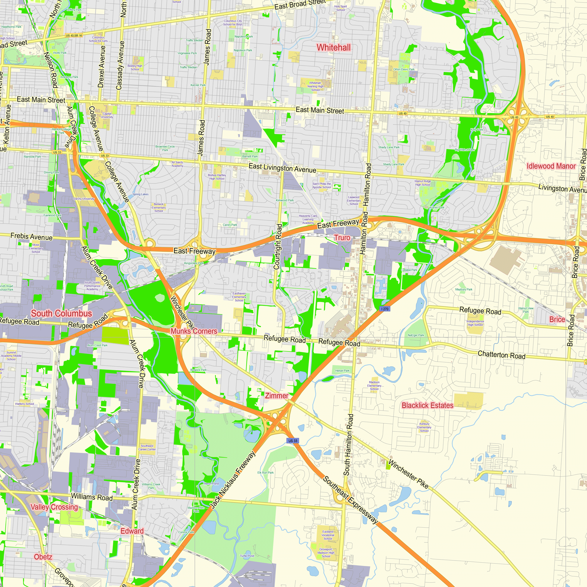 Columbus Ohio US Printable Editable Layered PDF Vector Map Columbus Ohio Map Vector Gvl13b Ai 10 Pdf 6 