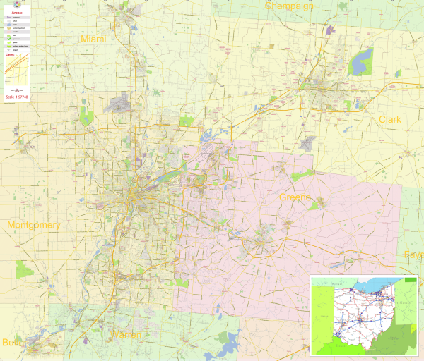 Dayton Springfield Ohio US printable editable layered PDF Vector Map