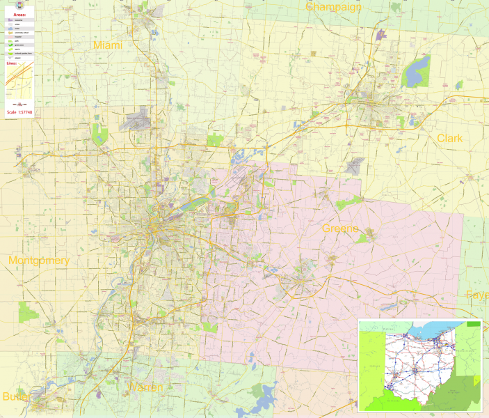 Dayton Springfield Ohio US printable editable layered PDF Vector Map