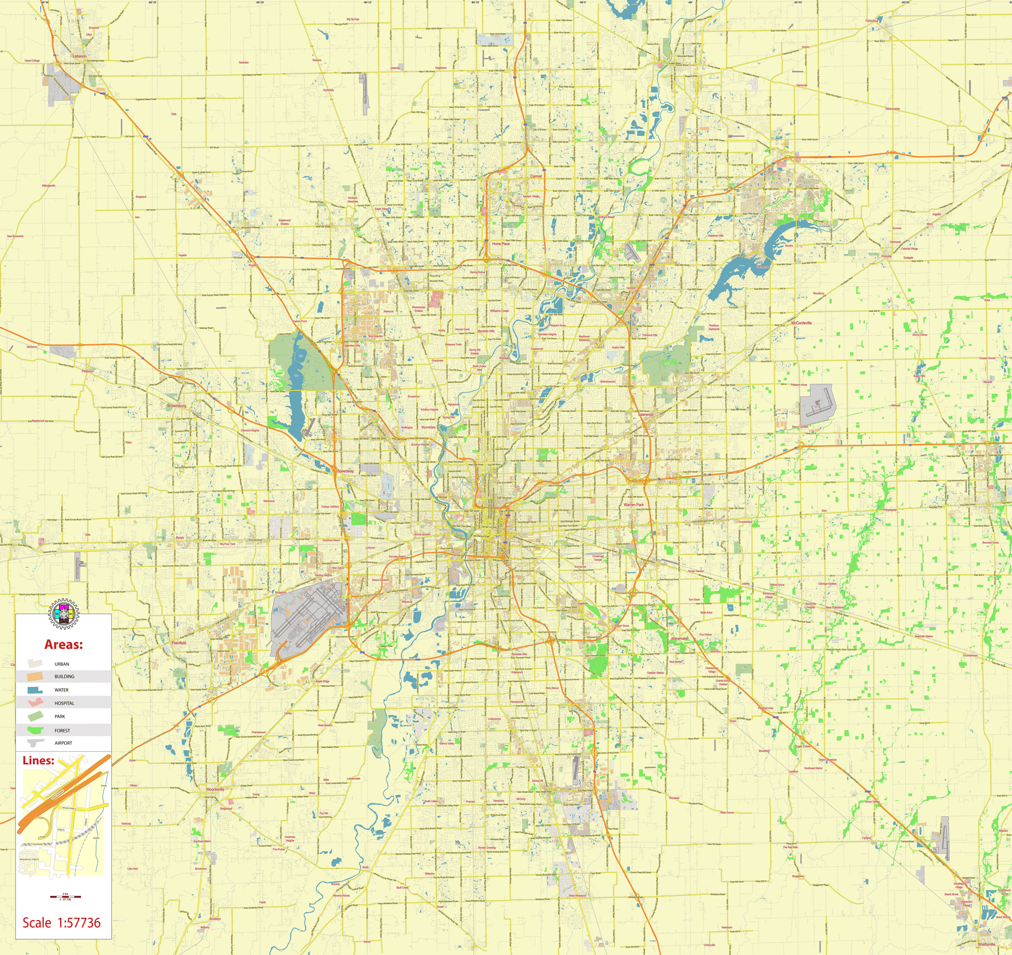 Indianapolis Indiana printable editable layered PDF Vector Map v.1 ...