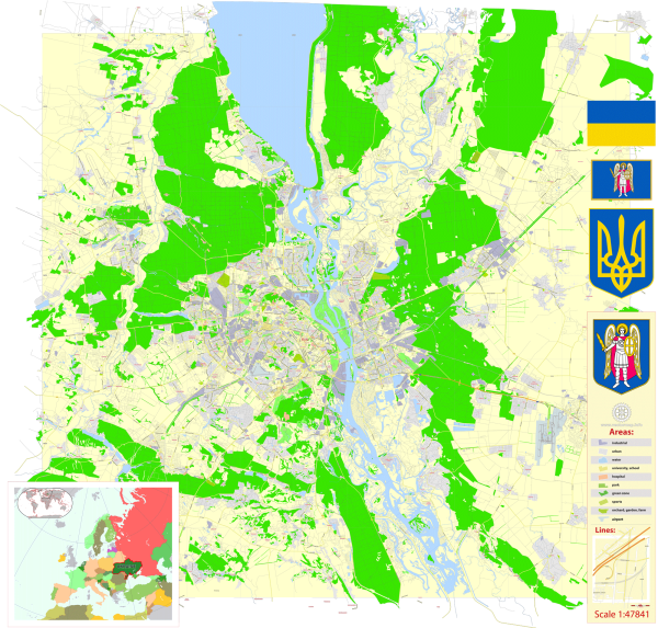 Kiev Ukraine English printable editable layered PDF Vector Map