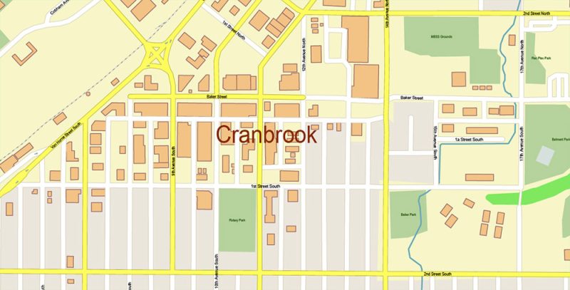 Kimberley Cranbrook Area British Columbia Canada Map Vector Exact High Detailed Plan editable Adobe Illustrator Street Map in layers