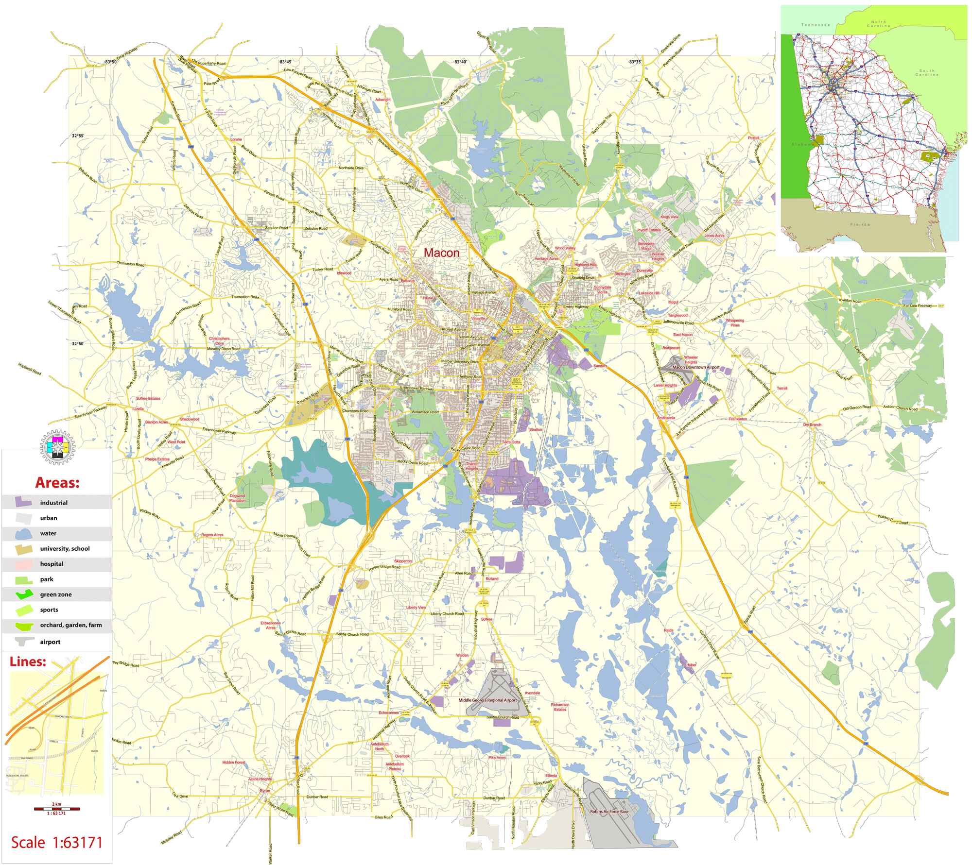 Macon US printable editable layered PDF Vector Map