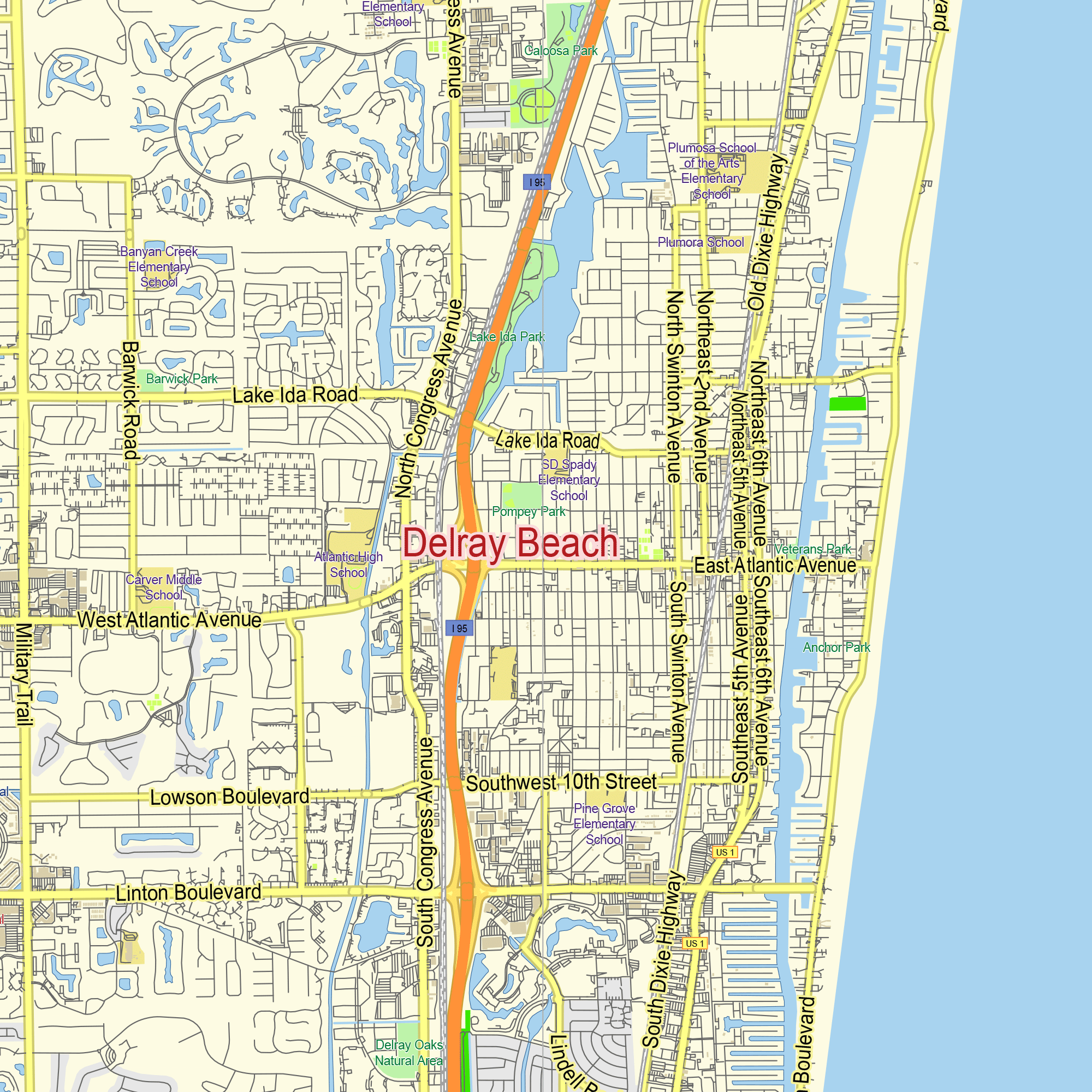 Delray Beach Florida US printable editable layered PDF Vector Map