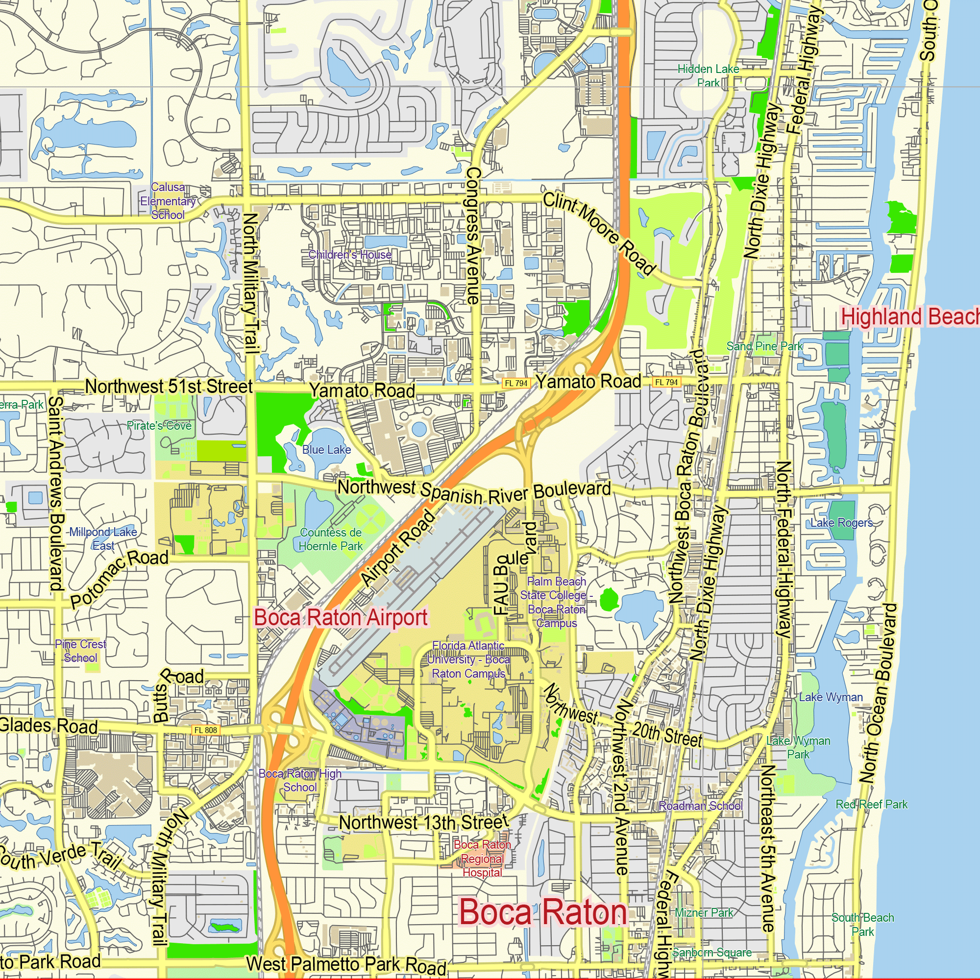 Delray Beach Florida US printable editable layered PDF Vector Map