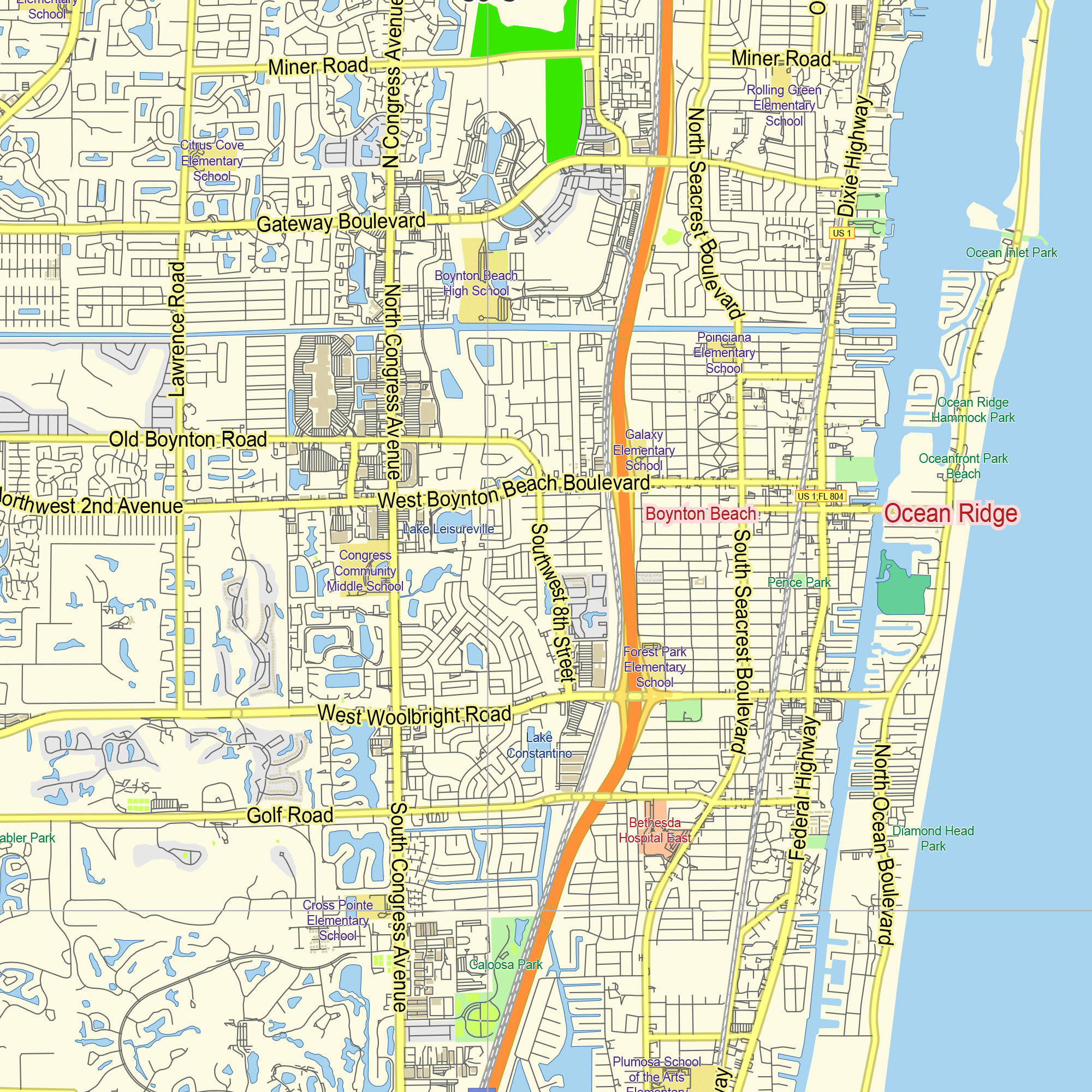Delray Beach Florida US printable editable layered PDF Vector Map