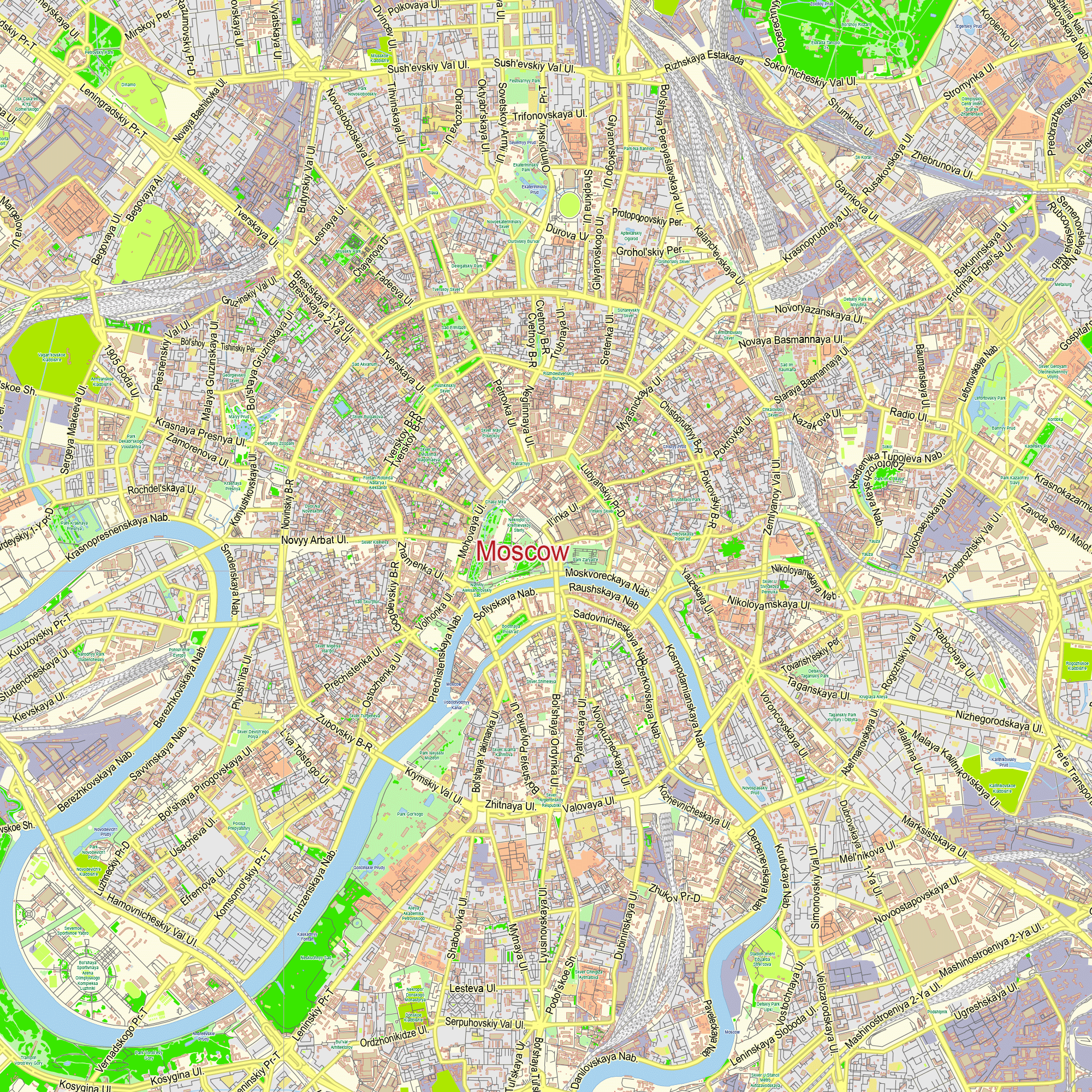 Moscow Russia (English) editable layered PDF Vector Map