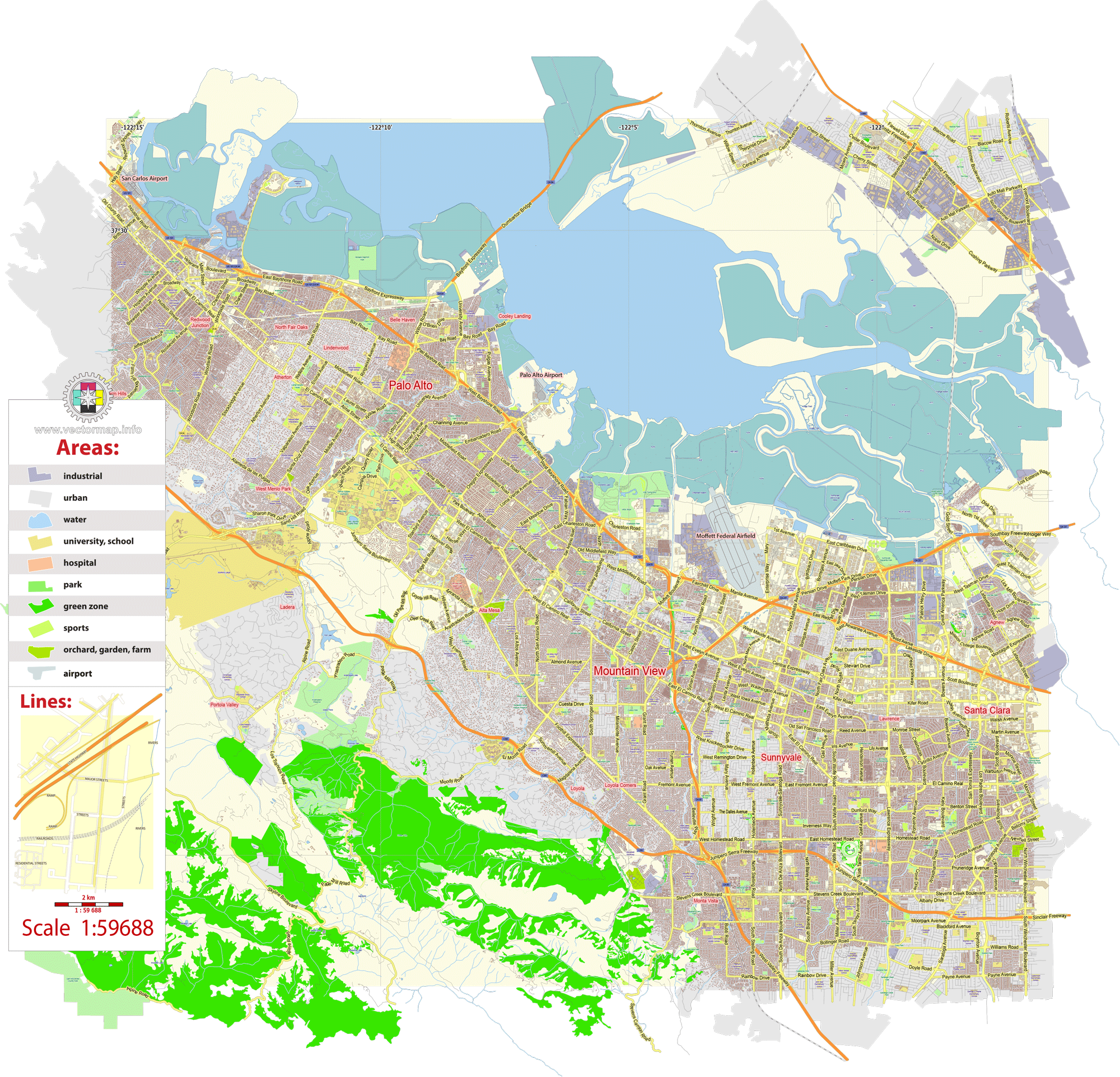 Palo Alto Mountain View California US editable layered PDF Vector Map