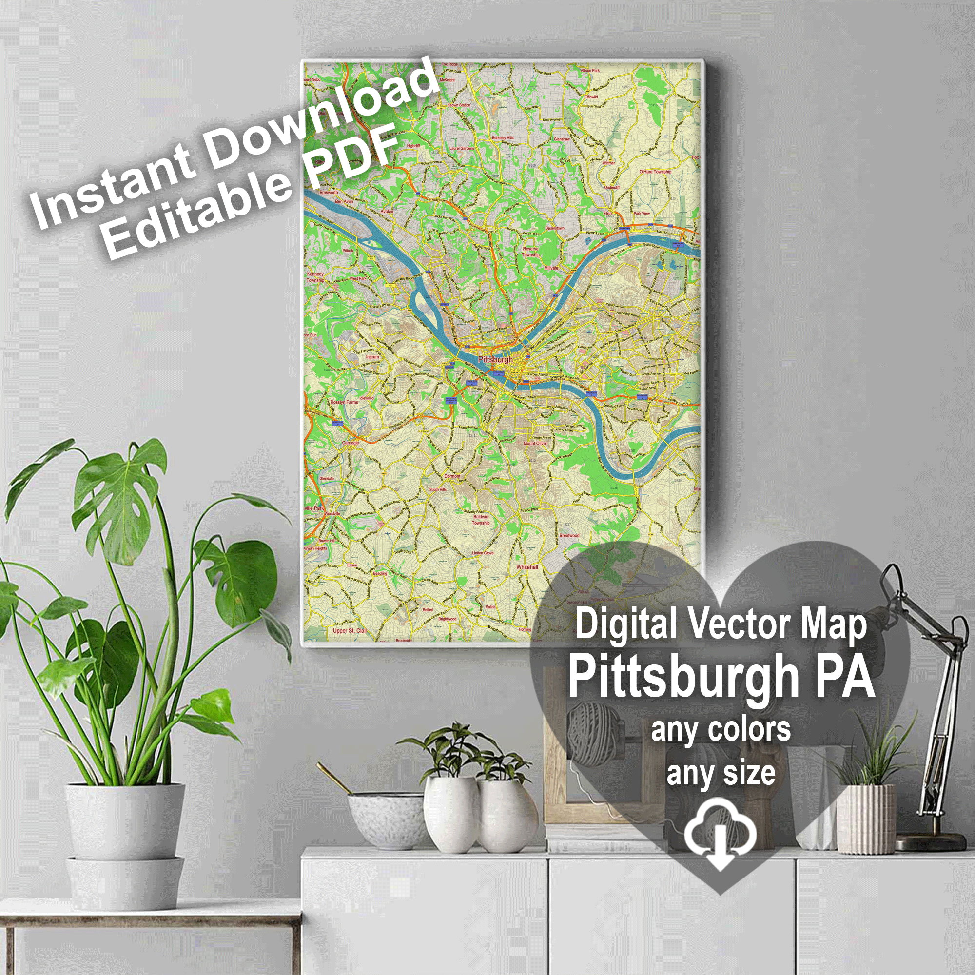 Pittsburgh Pennsylvania Zipcodes US editable layered PDF Vector Map