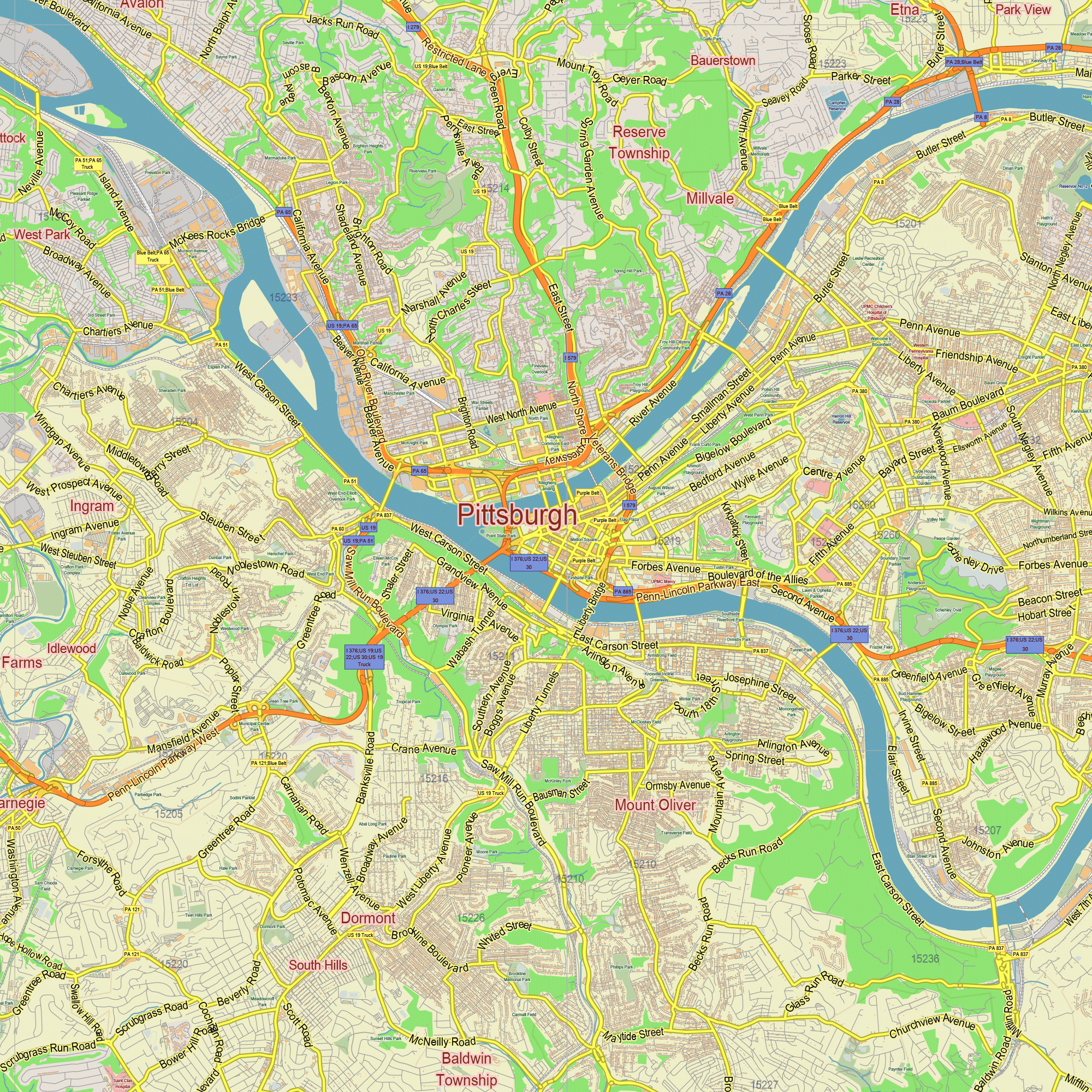 Pittsburgh Pennsylvania Zipcodes US editable layered PDF Vector Map