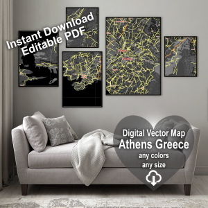 Athens Greece printable editable PDF layered Vector Map BW