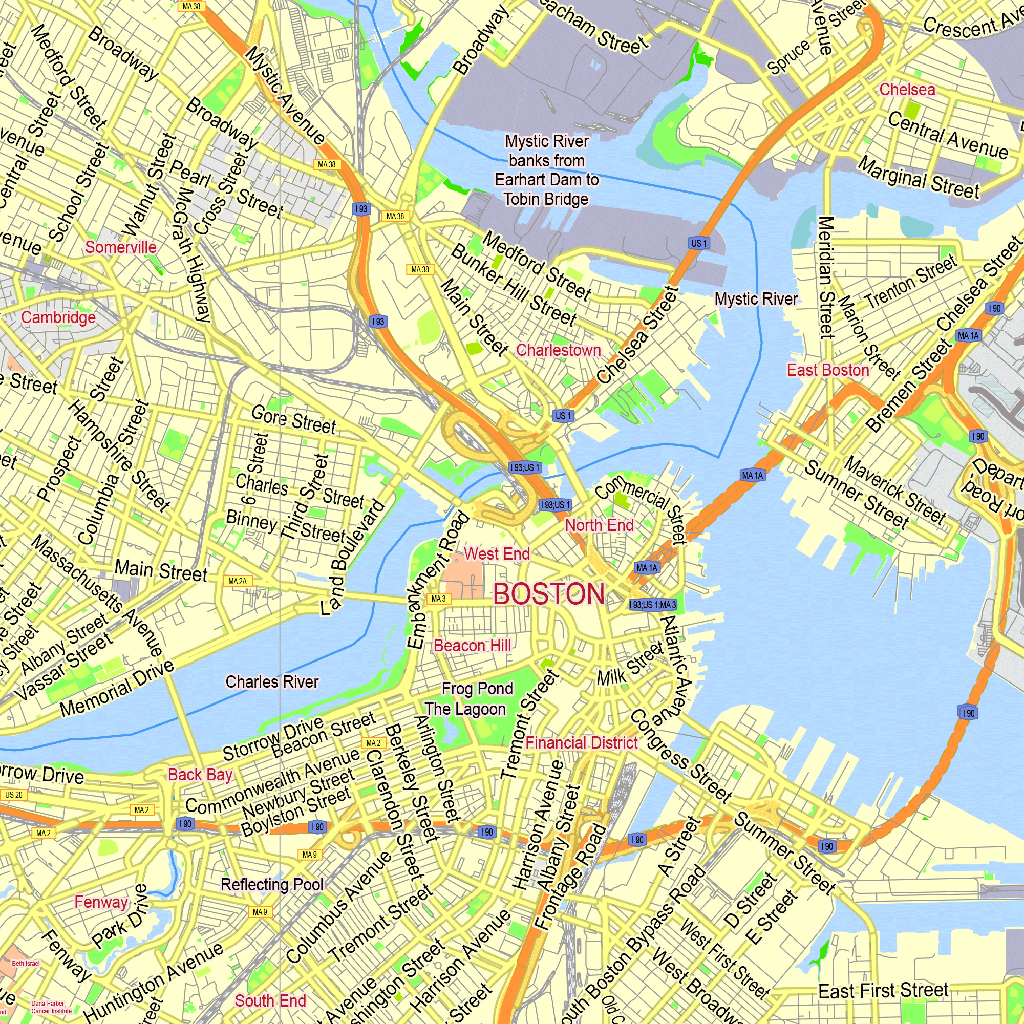 Boston Massachusetts US Crop Printable Editable Layered Vector Map Printable Map Boston Ms Us G View Level 13 Ai 10 Pdf 1 