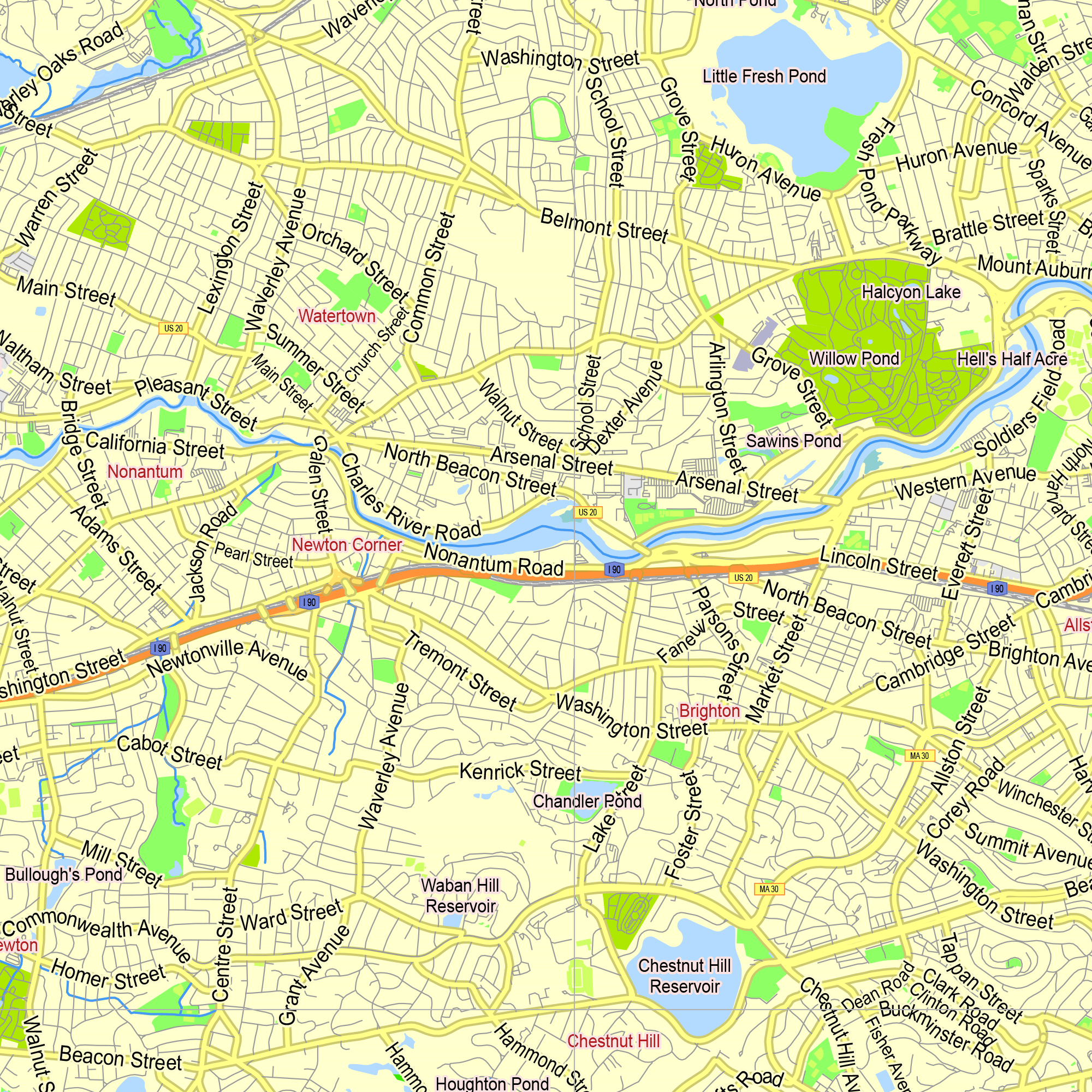 Boston Massachusetts US Crop Printable Editable Layered Vector Map Printable Map Boston Ms Us G View Level 13 Ai 10 Pdf 3 