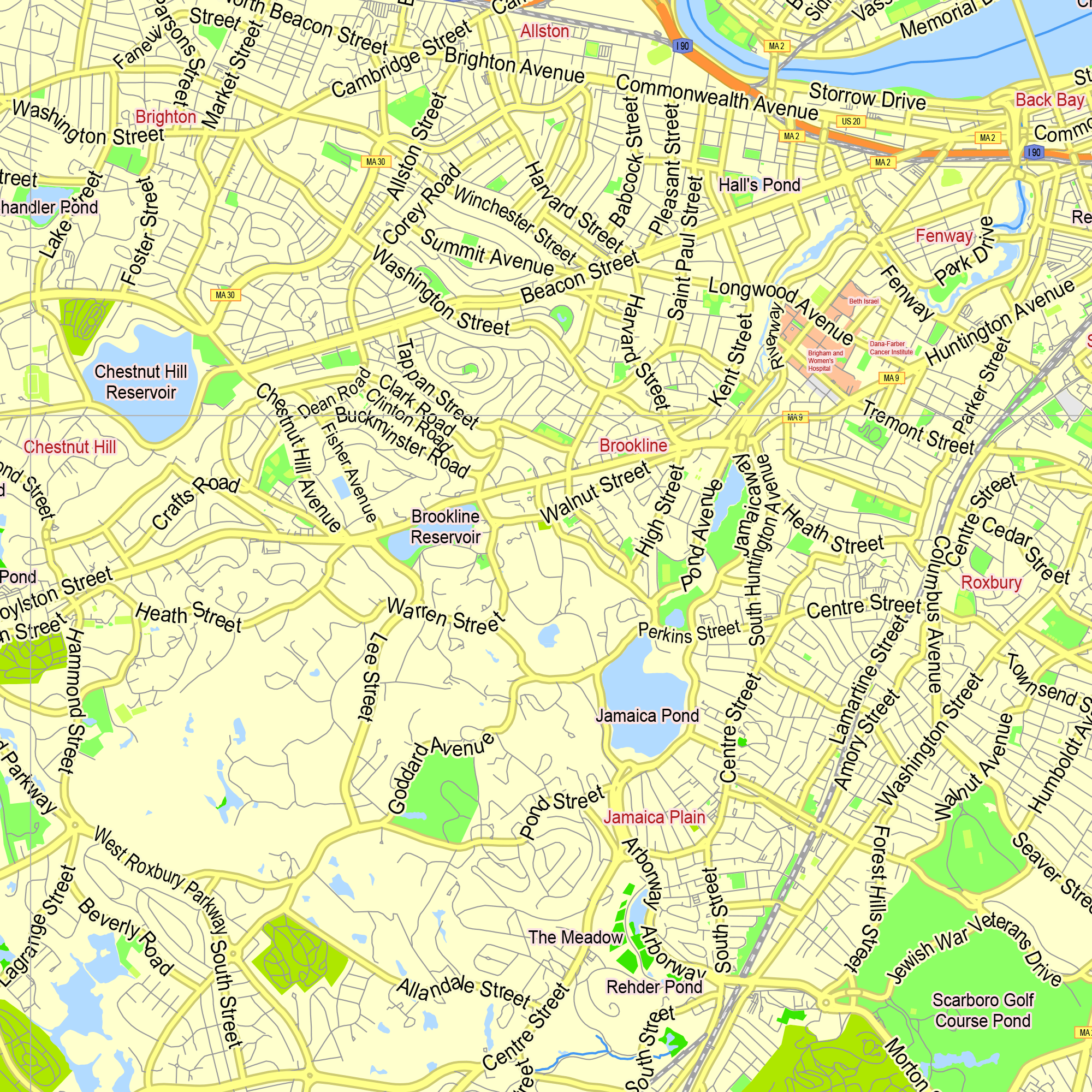 Boston Massachusetts US Crop Printable Editable Layered Vector Map Printable Map Boston Ms Us G View Level 13 Ai 10 Pdf 4 