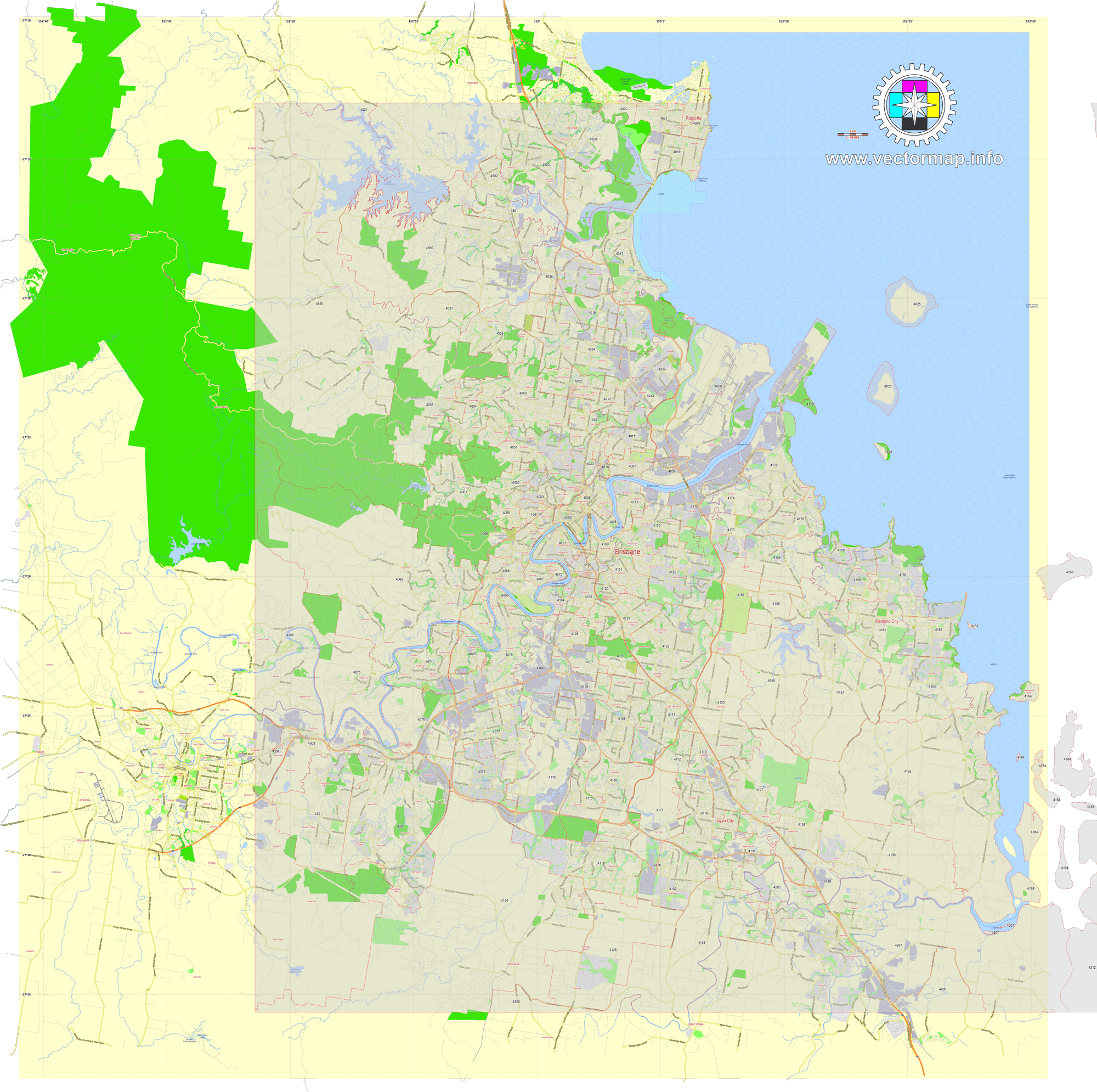 Brisbane Australia + zipcodes printable editable layered PDF Vector Map v.3