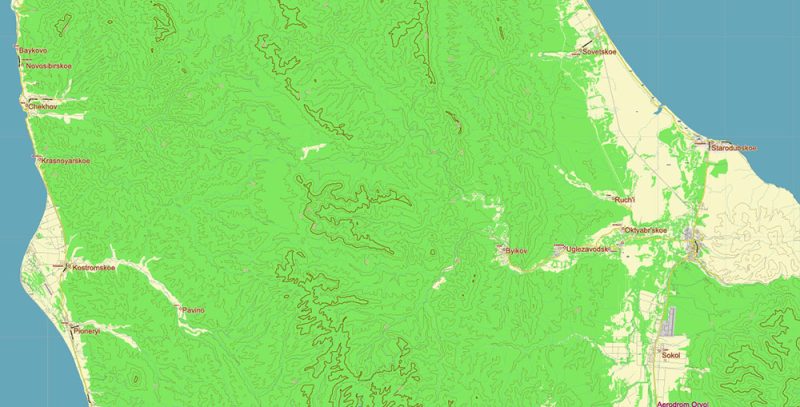 Sakhalin Island Russia Vector Map (Roads, Relief, Water) Editable Layered PDF, CDR and Adobe Illustrator