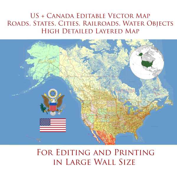 US + Canada roads states counties full printable editable layered PDF Vector Map