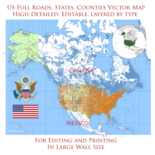United States roads states counties full printable editable layered PDF Vector Map