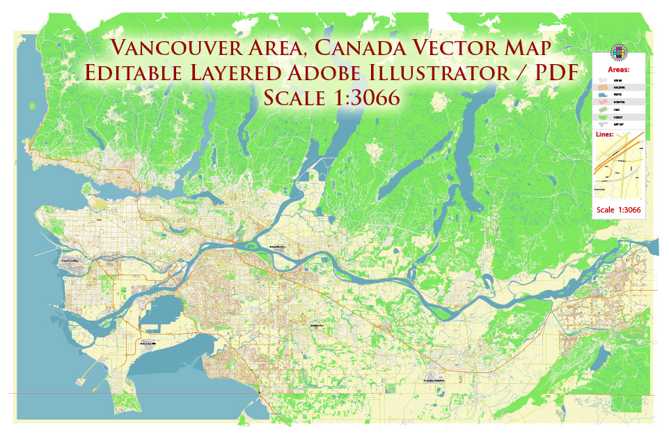 Vancouver Canada large area PDF Vector Map Exact High Detailed City Plan editable Adobe PDF Street Map in layers
