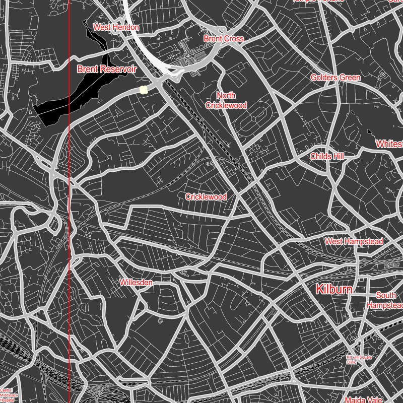 London UK Greater Map Vector City Plan Low Detailed (simple black) Street Map editable Adobe Illustrator in layers