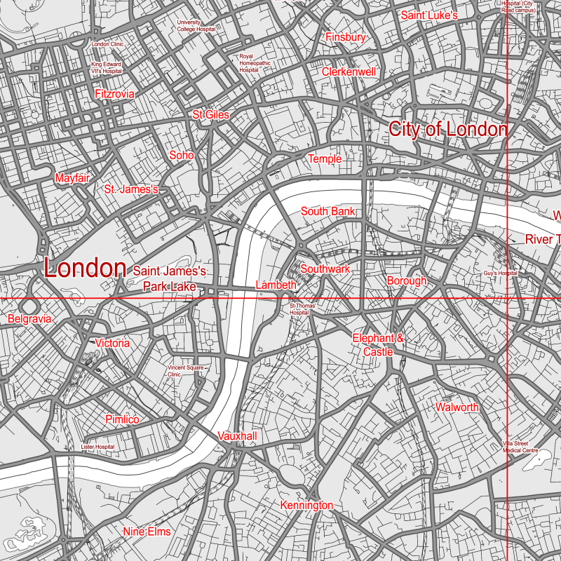 London UK Greater Map Vector City Plan Low Detailed (simple white) Street Map editable Adobe Illustrator in layers