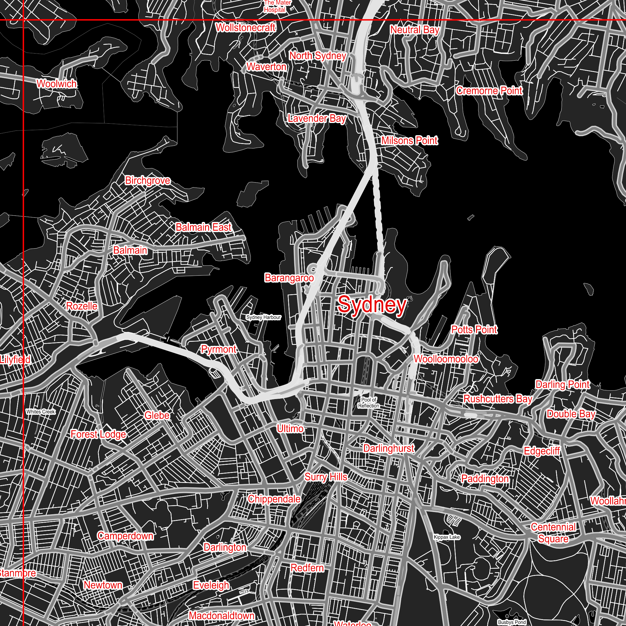 Sydney Australia PDF Vector Map: City Plan Low Detailed (simple BLACK & WHITE version) Street Map editable Adobe PDF in layers