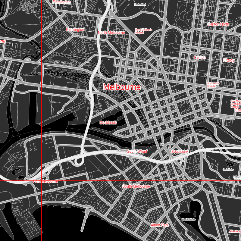 Melbourne Australia Map Vector City Plan Low Detailed (simple black) Street Map editable Adobe Illustrator in layers