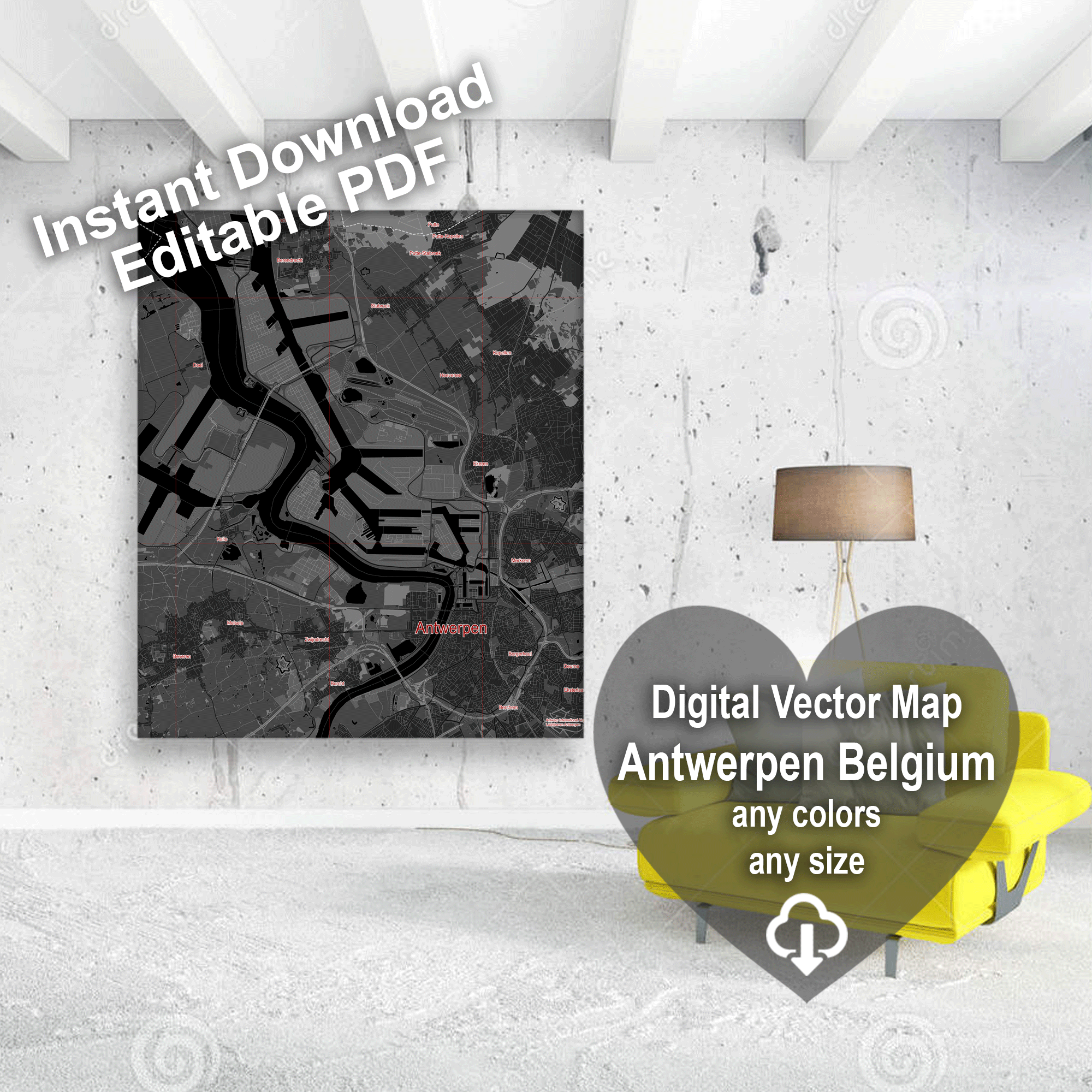 Antwerpen Belgium Map Vector City Plan Low Detailed (simple black) Street Map editable Adobe Illustrator in layers