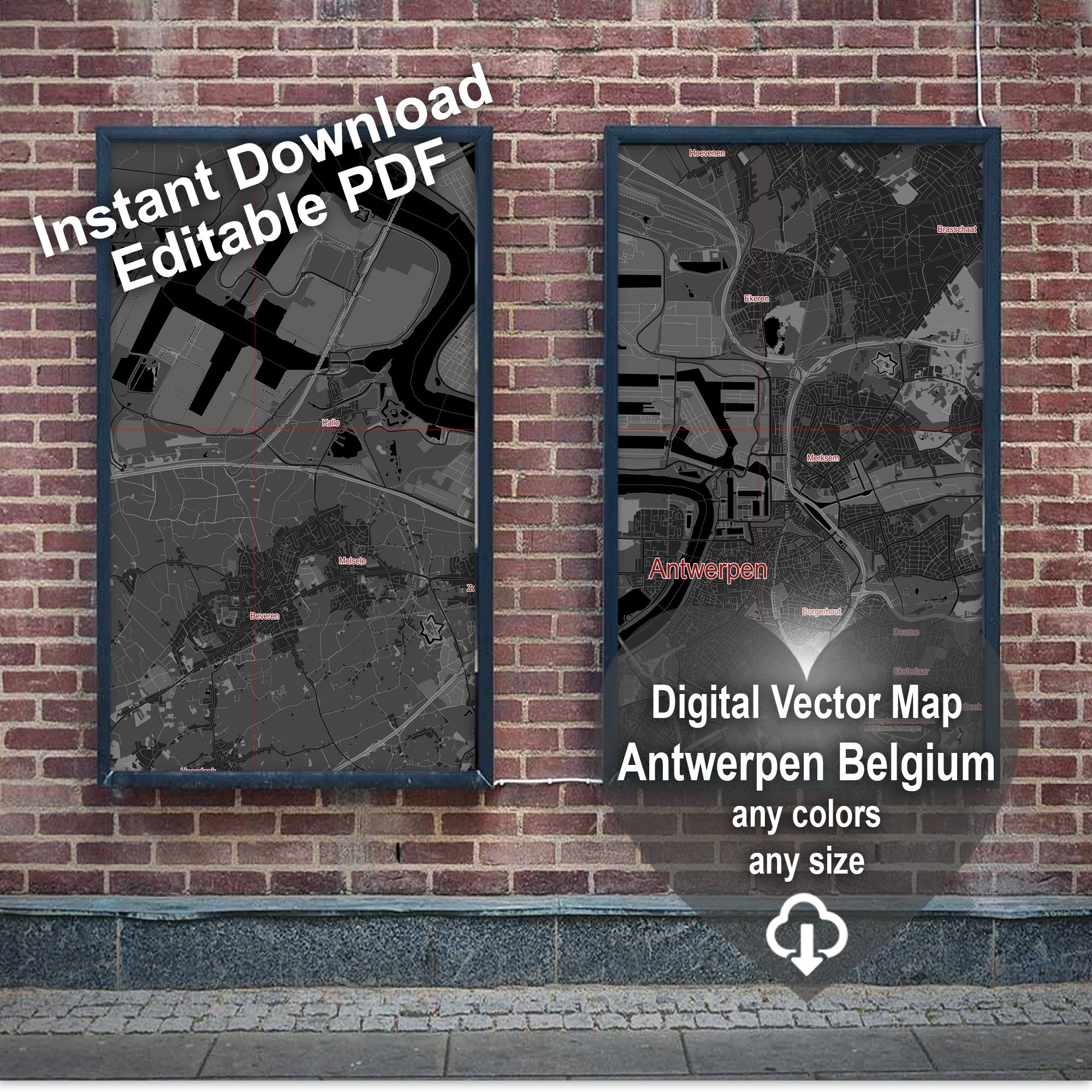 Antwerp Belgium Map Vector City Plan Low Detailed (simple black) Street Map editable Adobe Illustrator in layers