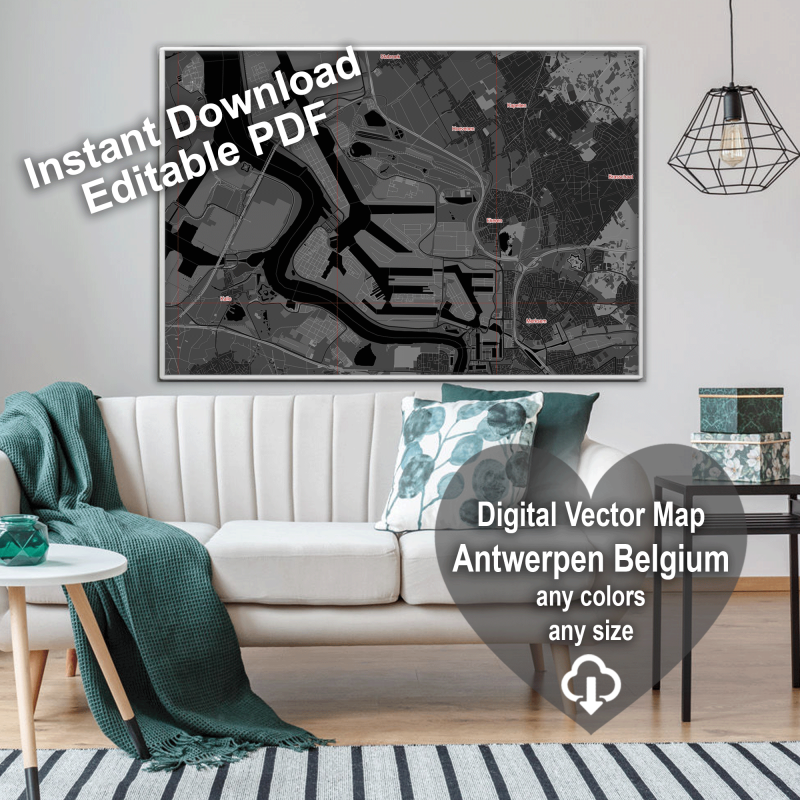 Antwerpen Belgium Map Vector City Plan Low Detailed (simple black) Street Map editable Adobe Illustrator in layers