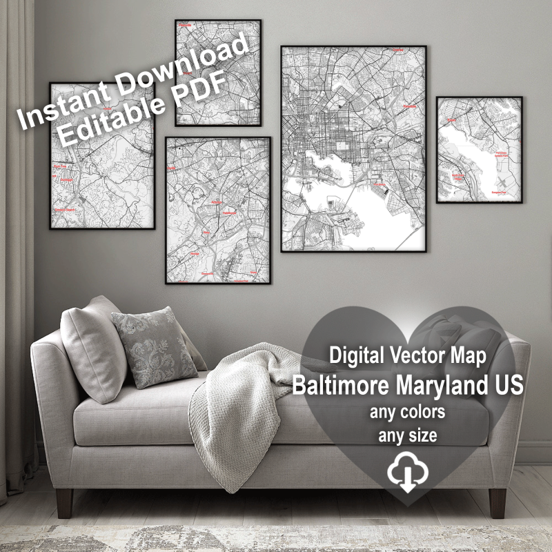 Baltimore Maryland US Map Vector City Plan Low Detailed (simple white) Street Map editable Adobe Illustrator in layers