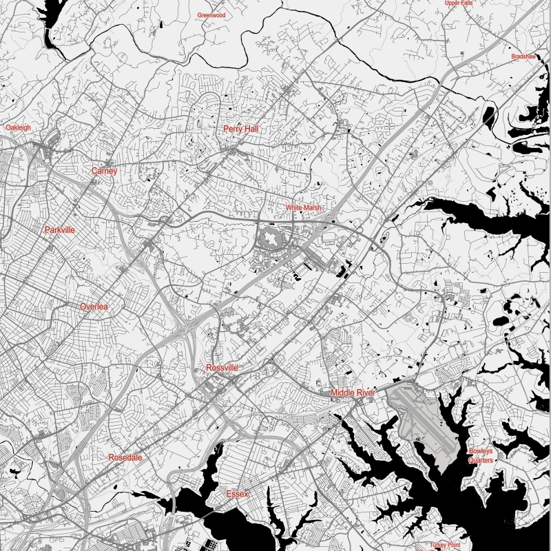 Baltimore Maryland US Map Vector City Plan Low Detailed (simple black) Street Map editable Adobe Illustrator in layers