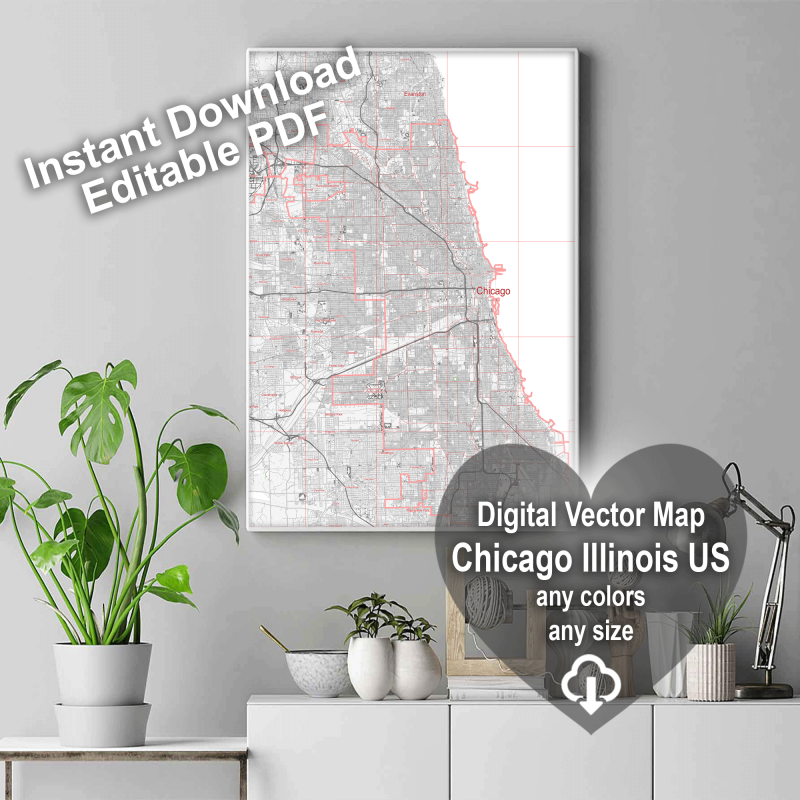 Chicago Illinois US Map Vector City Plan Low Detailed (simple white admin) Street Map editable Adobe Illustrator in layers