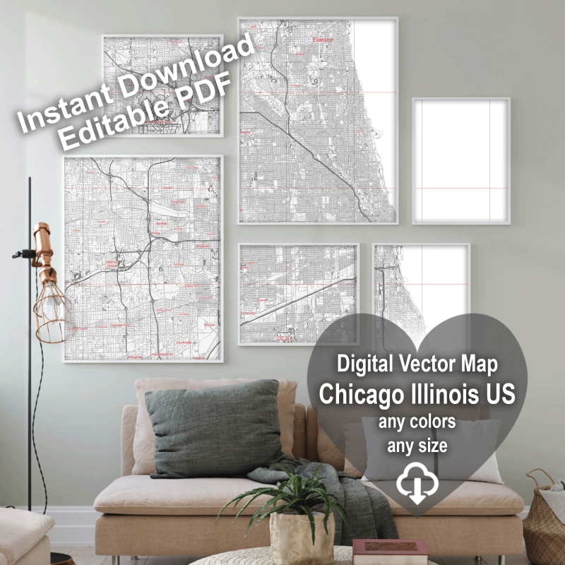 Chicago Illinois US Map Vector City Plan Low Detailed (simple white) Street Map editable Adobe Illustrator in layers