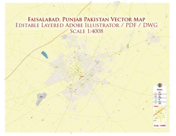 Faisalabad Pakistan Map Vector Exact High Detailed City Plan editable Adobe Illustrator Street Map in layers