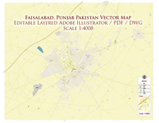 Faisalabad Pakistan Map Vector Exact High Detailed City Plan editable ...