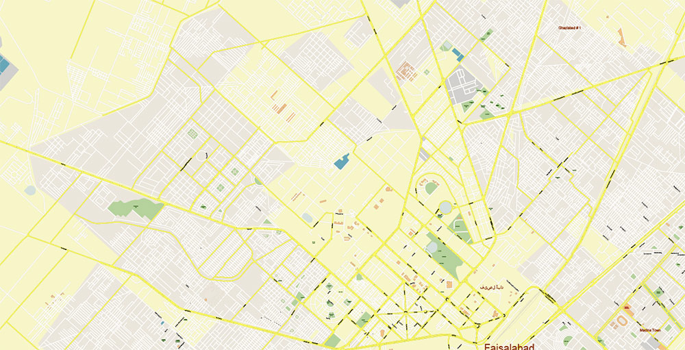 Faisalabad Pakistan Map Vector Exact High Detailed City Plan editable Adobe PDF + DWG AutoCAD Street Map in layers