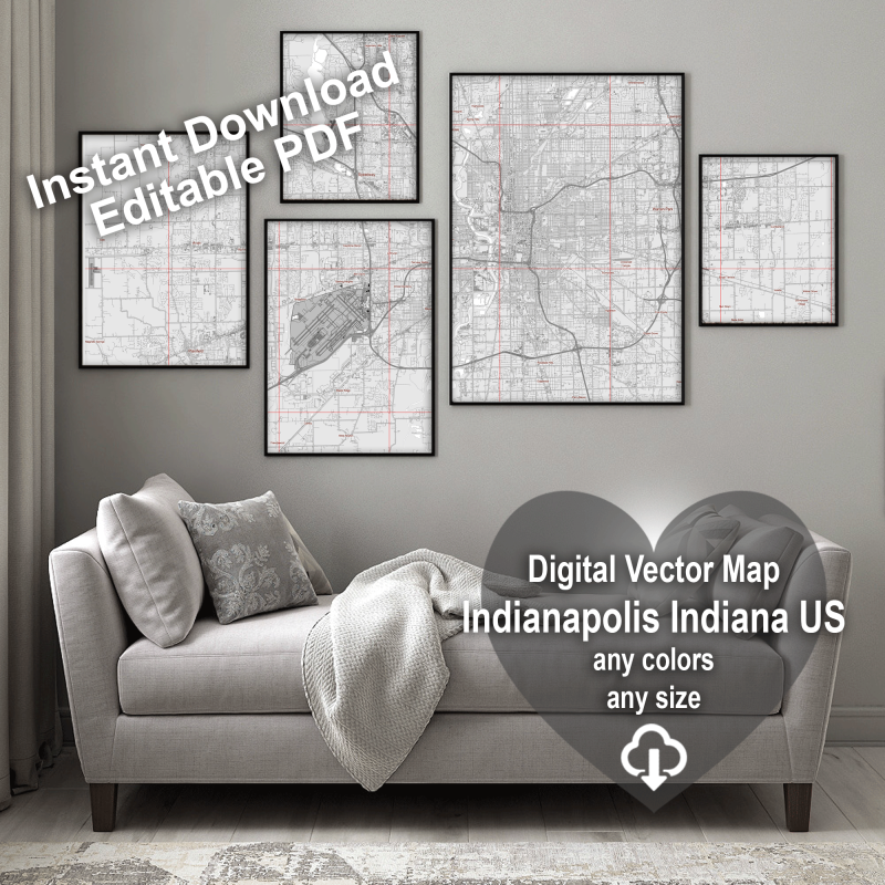 Indianapolis Indiana US Map Vector City Plan Low Detailed (simple white) Street Map editable Adobe Illustrator in layers