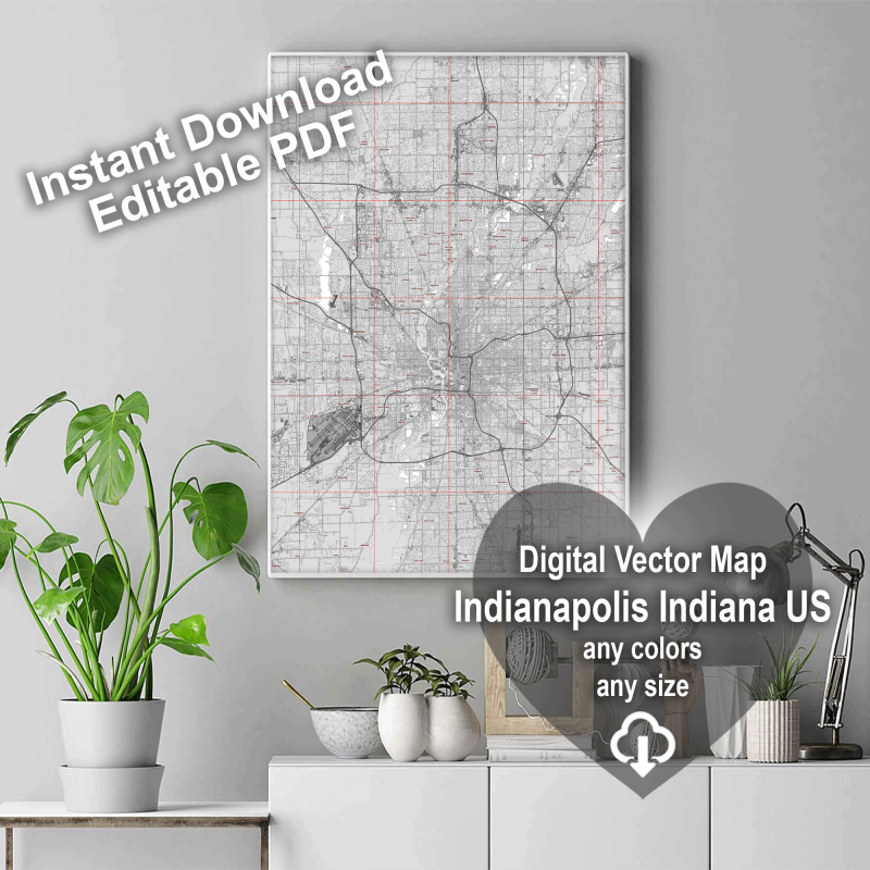 Indianapolis Indiana US Map Vector City Plan Low Detailed (simple white) Street Map editable Adobe Illustrator in layers