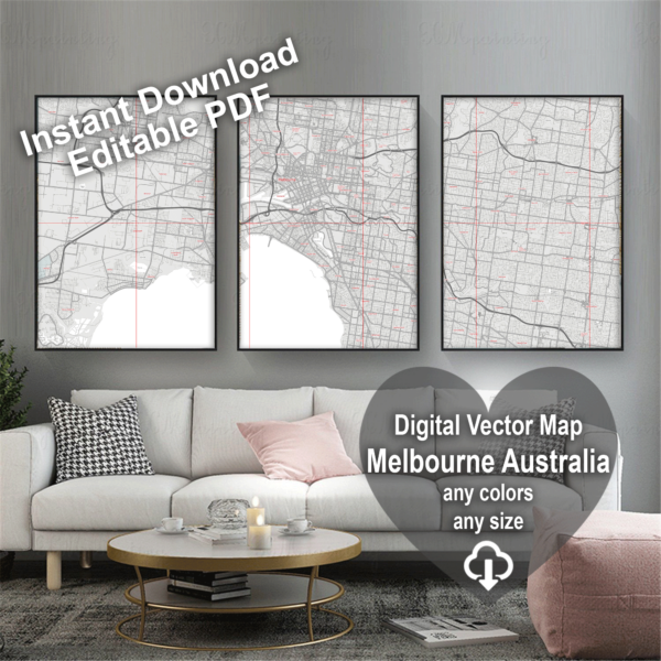Melbourne Australia PDF Vector Map: City Plan Low Detailed (simple ...