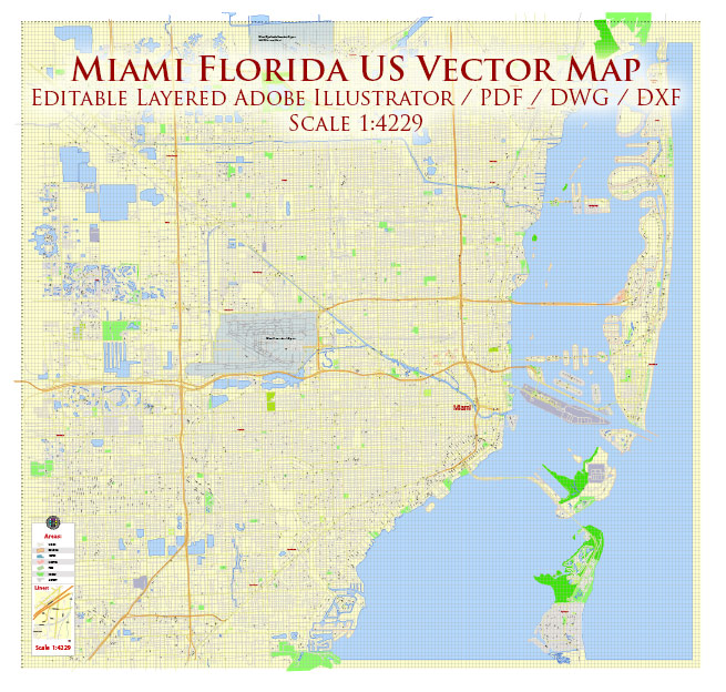 Miami Florida US Map Vector Exact High Detailed City Plan editable AutoCAD DWG, DXF, PDF, and Adobe Illustrator Street Map in layers