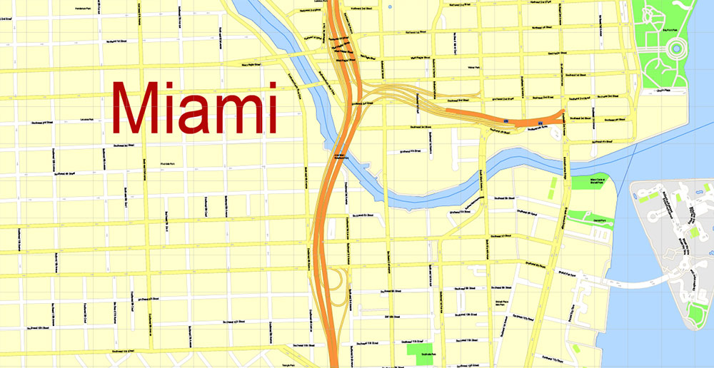 Miami Florida US Map Vector Exact High Detailed City Plan editable AutoCAD DWG, DXF, PDF, and Adobe Illustrator Street Map in layers