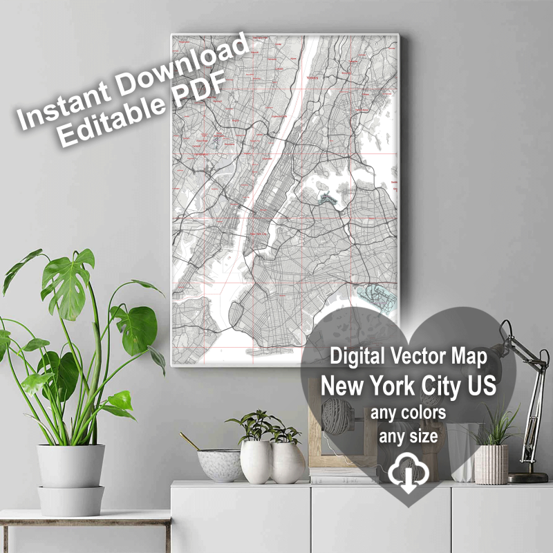 New York City US Map Vector City Plan Low Detailed (simple white) Street Map editable Adobe Illustrator in layers