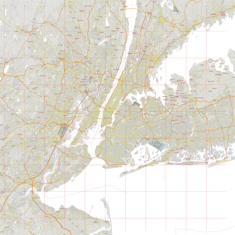 New York City US Map Vector City Plan Low Detailed (simple white + colors) Street Map editable Adobe Illustrator in layers