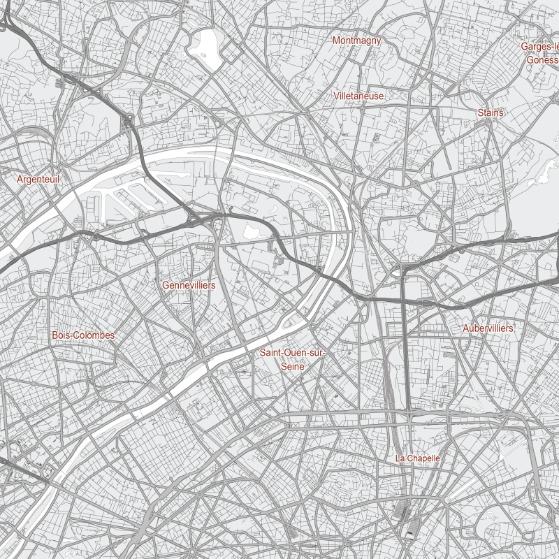 Paris France Map Vector City Plan Low Detailed (simple white) Street Map editable Adobe Illustrator in layers