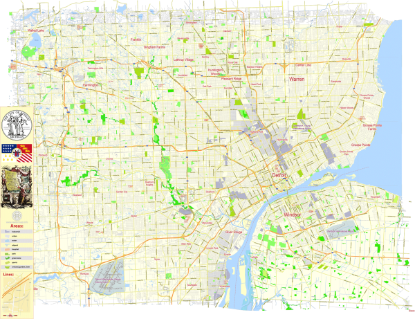 Detroit Michigan US editable layered PDF Vector Map